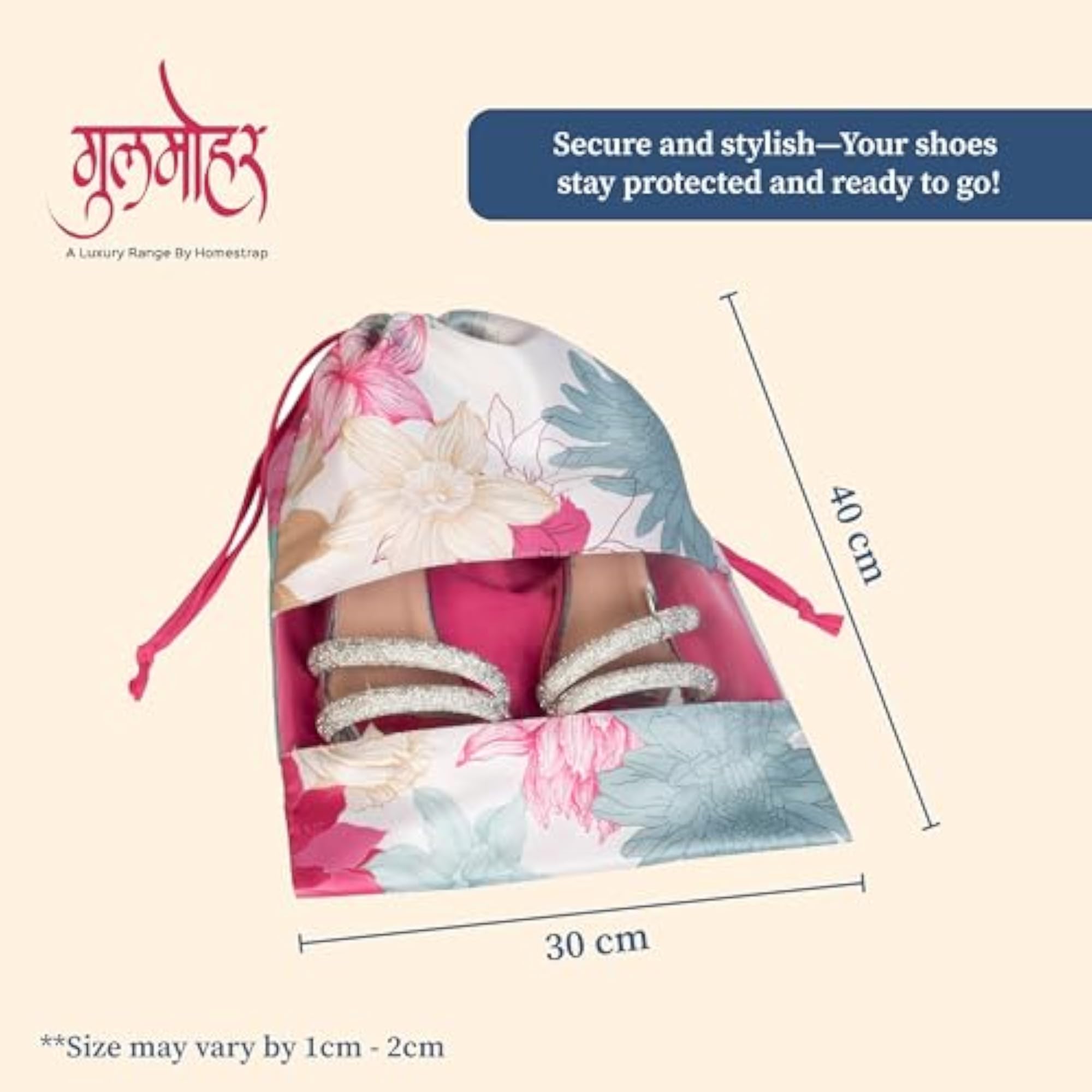 Gulmohar Luxe Drawstring Shoe Pouch Cover, Floral Design